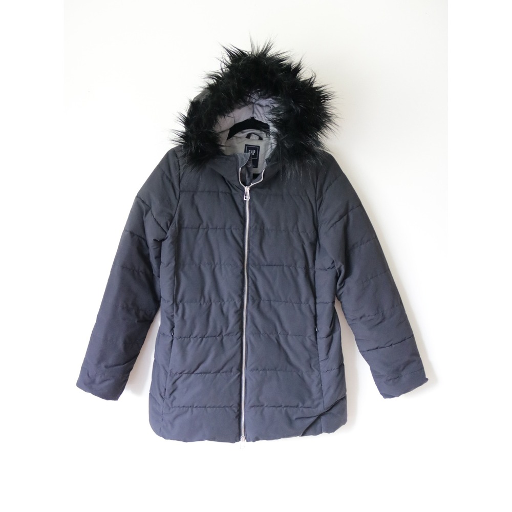 Gap Primaloft Down Alternative Puffer Jacket Black Faux Fur Hood Womens‎ Medium